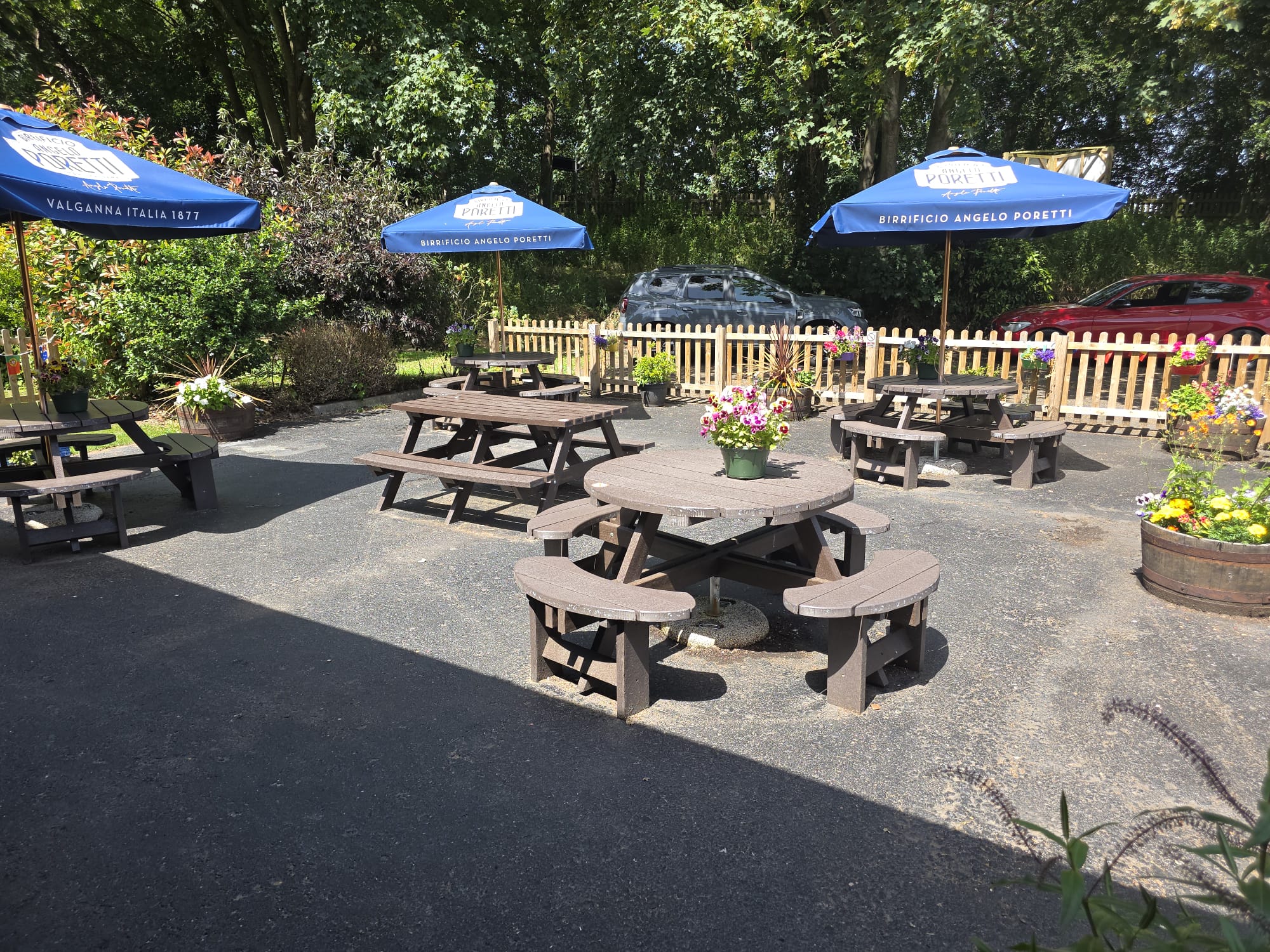 Beer garden seating in the sun